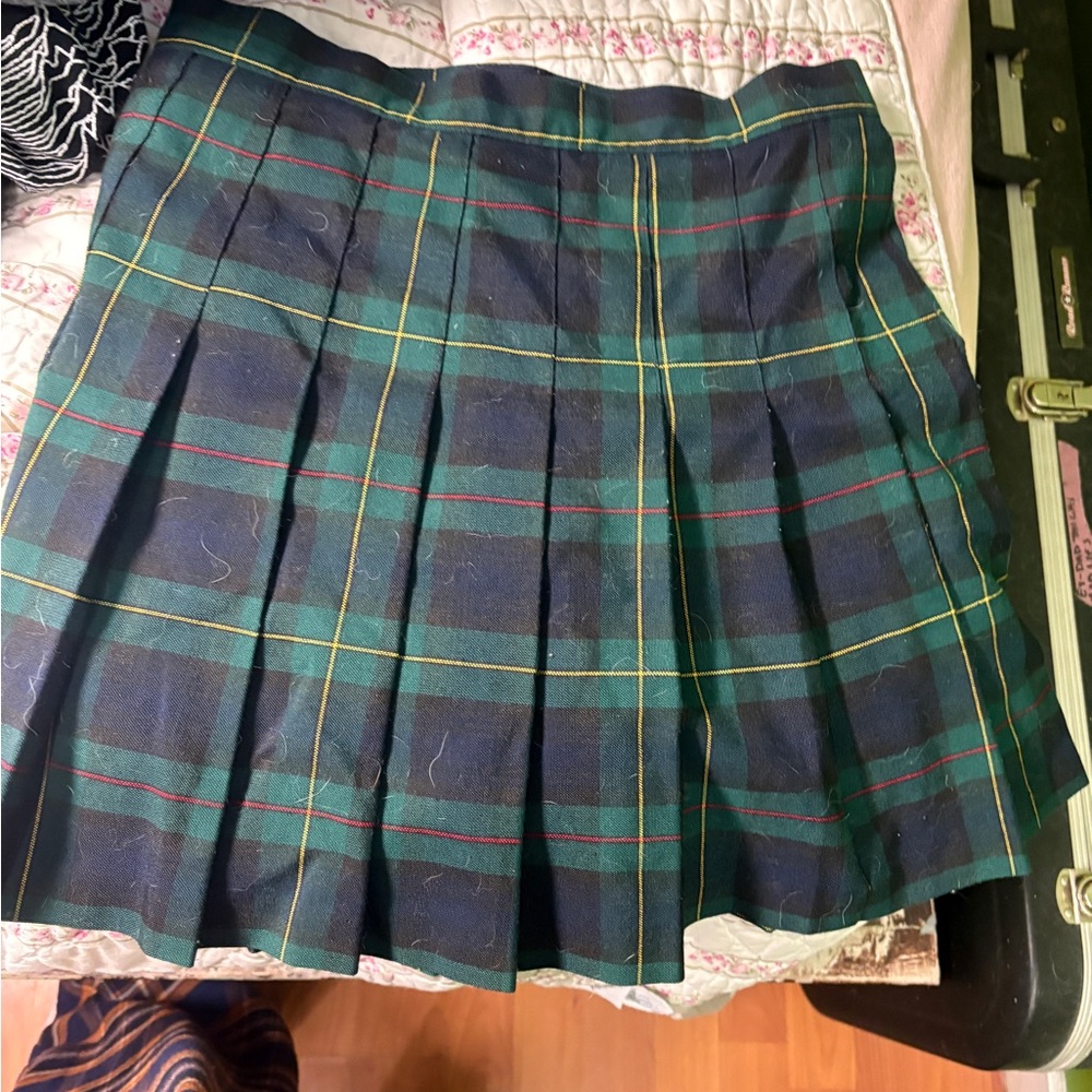 American Apparel Tartan Pleated Skirt - Green and Navy Sz L